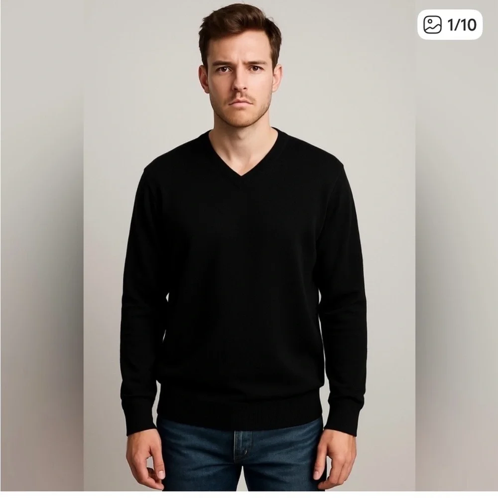 Toscano Firenze 100% Merino Wool Sweater Men's Size XL Black V Neck Long Sleeve.